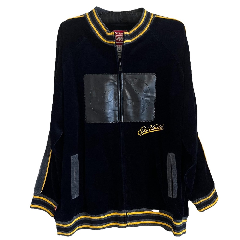 Ecko Unlimited Velour Track Jacket Full Zip Black Mens L Streetwear Skater Urban